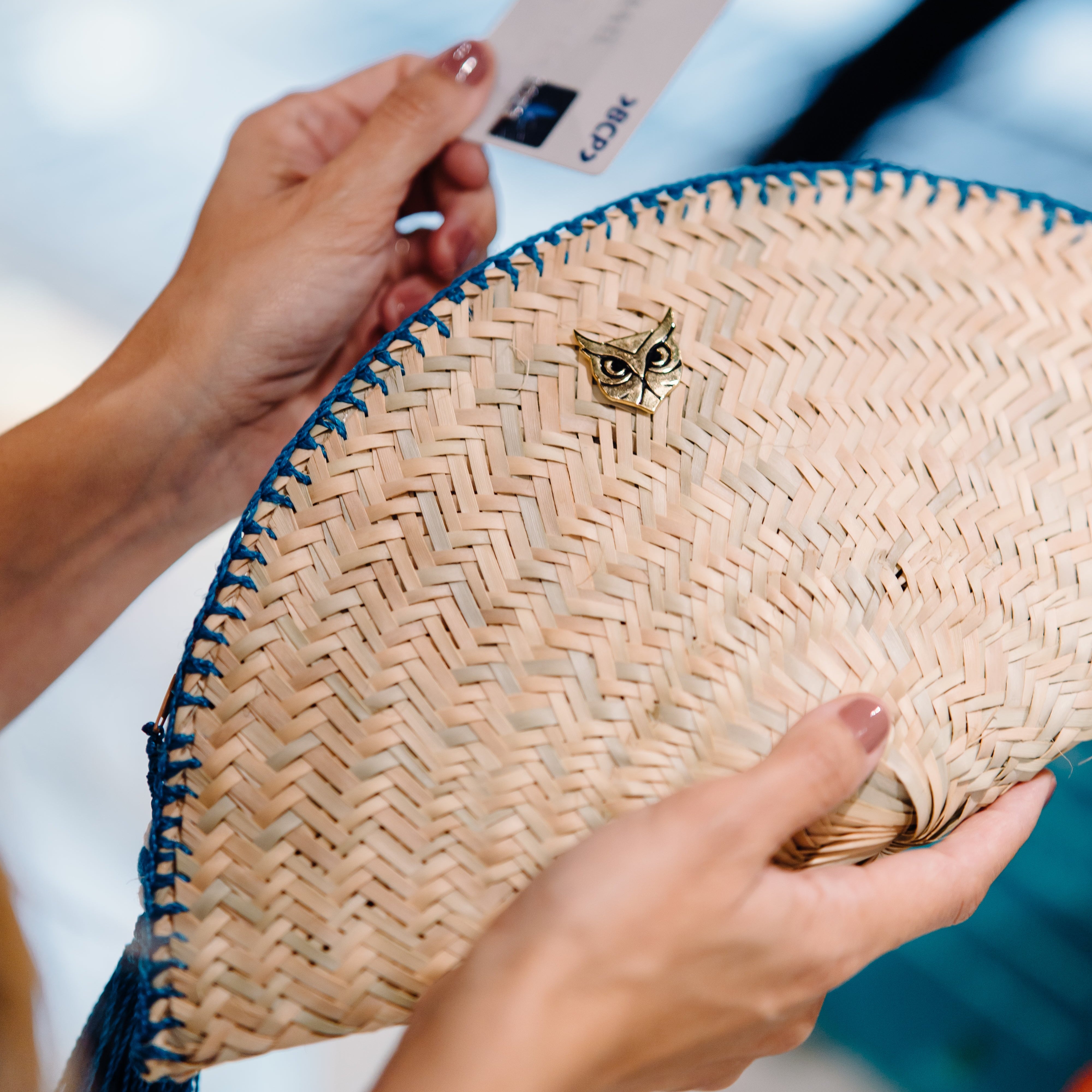 Hand-Braided Palm Fan — Deep Blue Fringe